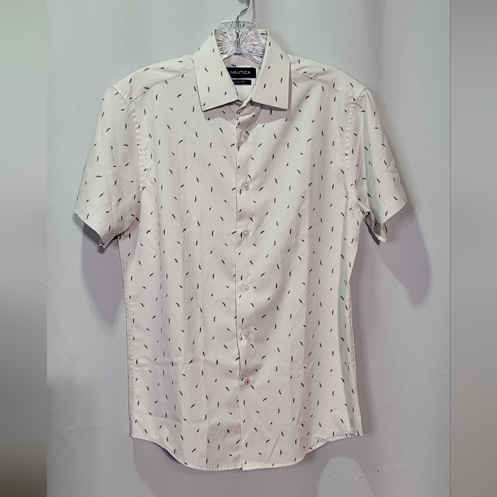 Nautica Men's White Leaf Print Short Sleeve Slim Fit Dress Shirt Small 14/14.5 - Picture 2 of 6